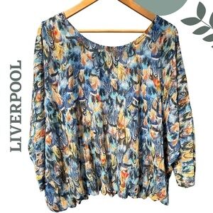 🛍️3/$40 Liverpool Los Angeles Long Sleeve Multi Feather Print Blouse Size XL